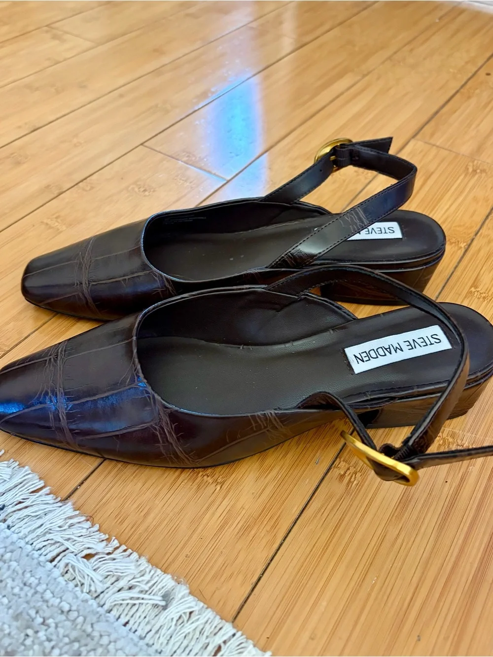 Nordstrom Dark Brown Croc-Embossed Slingback Flats with Gold Buckles